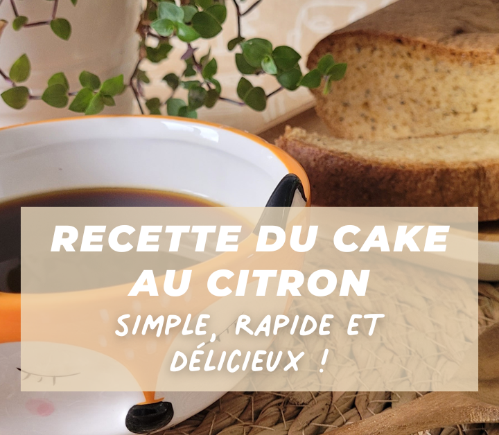 Bol petit déjeuner renard rempli de café avec un cake au citron en arrière-plan