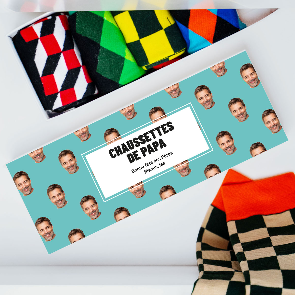 Coffret cadeau chaussettes personnalisé avec visage et nom